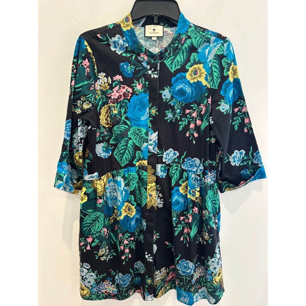 Tuckernuck Black Floral Babydoll Mini Dress 3/4 Sleeve Cotton Size M